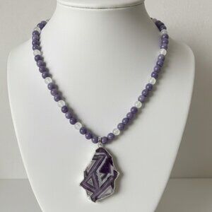 Amethyst Pendant with Aquamarine and Agate Beads Necklace Handmade